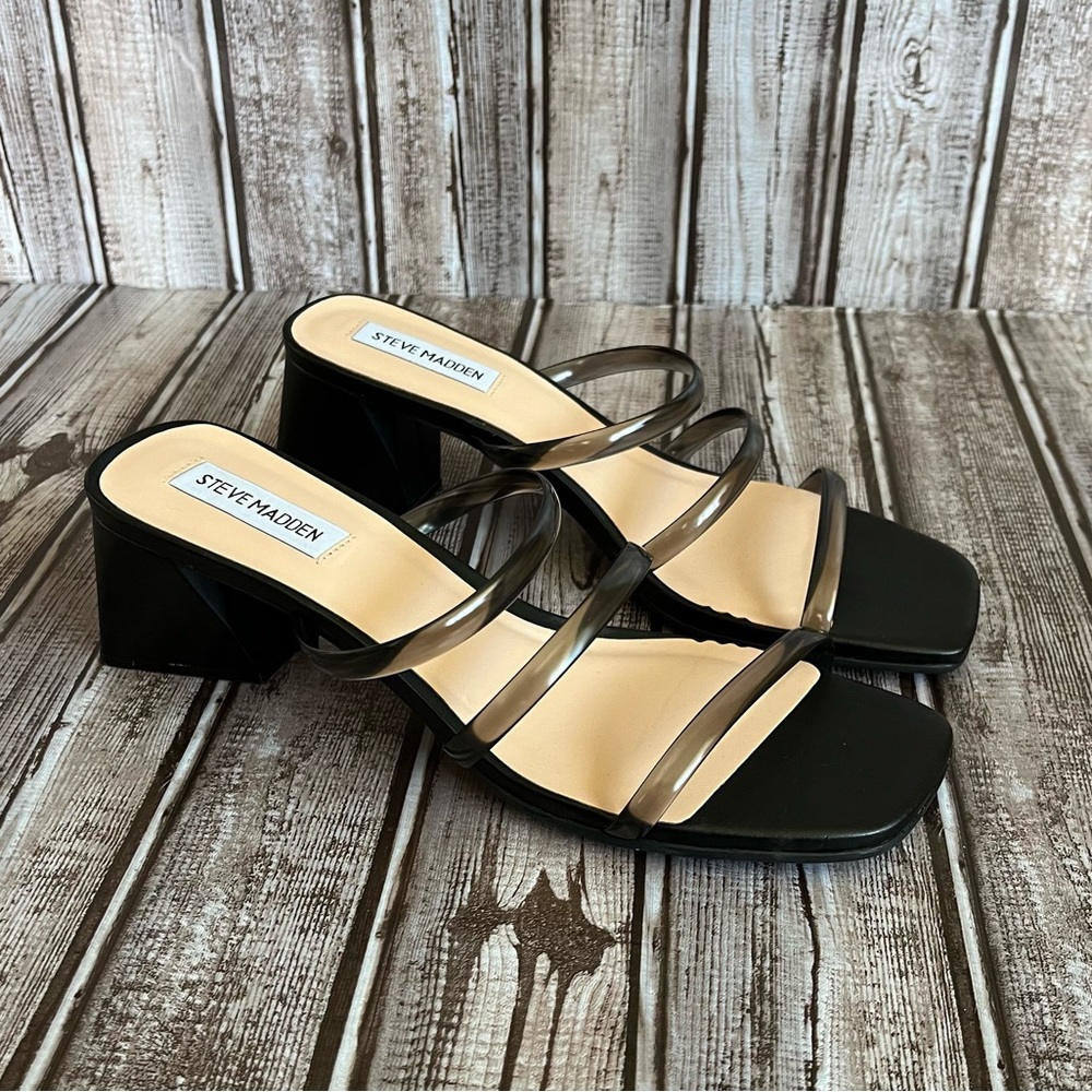 NEW Steve Madden Glorious Heeled Sandals Black Clear